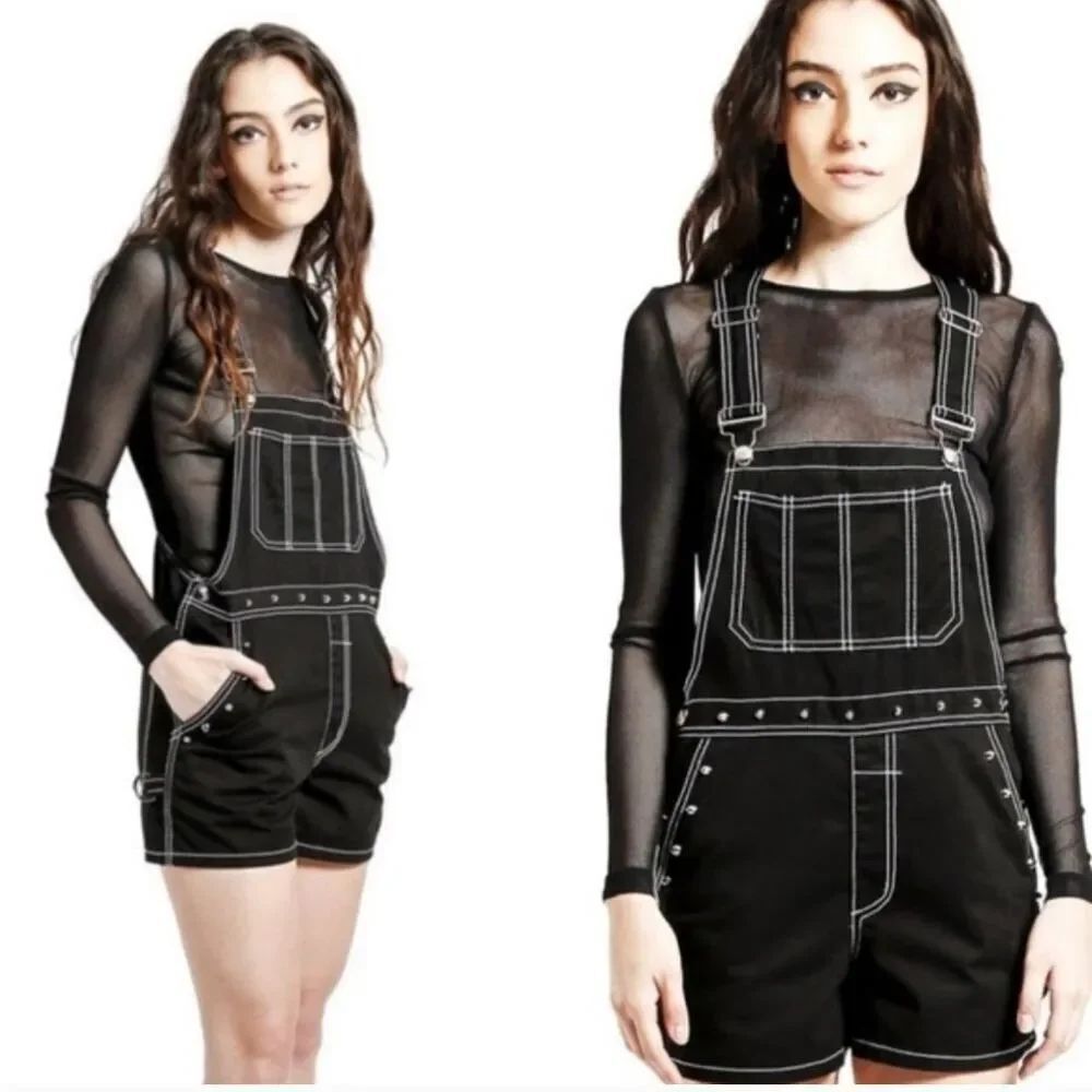 TRIPP NYC Darkstreet Studded Overalls Shorts Black Goth Punk Size L